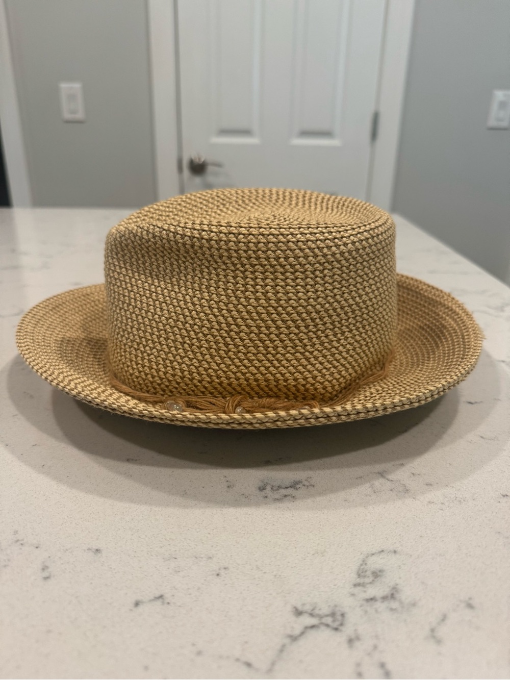 Like-New Eric Javits Squishee Straw Sun Hat - UPF 50+, Bead Tie Trim